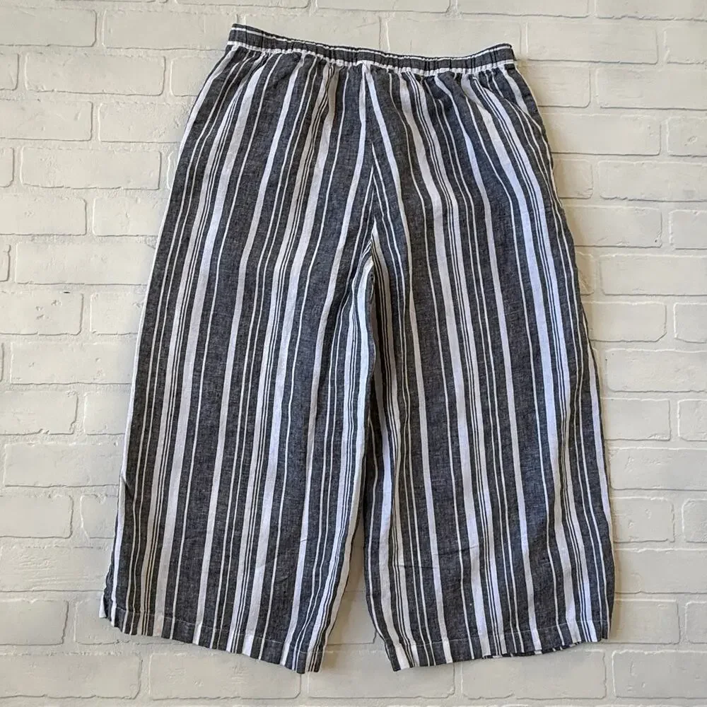 Ellen Tracy Women's Dark Grey/Black Striped Wide Leg Pockets Linen Pants sz L